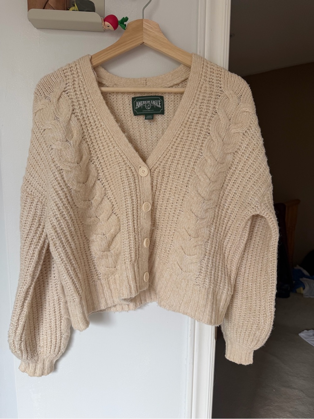 American Eagle Outfitters Beige Cable Knit Button-Front Cardigan